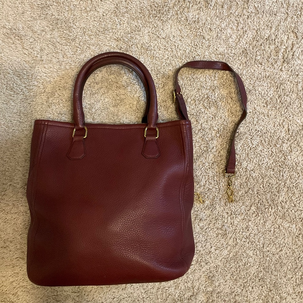 J.CREW BURGUNDY PEBBLED LEATHER LAPTOP TRAVEL TOTE.